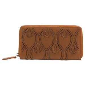 VILENCA Cognac Leather Large Zip Round Peacock Stitch Wallet